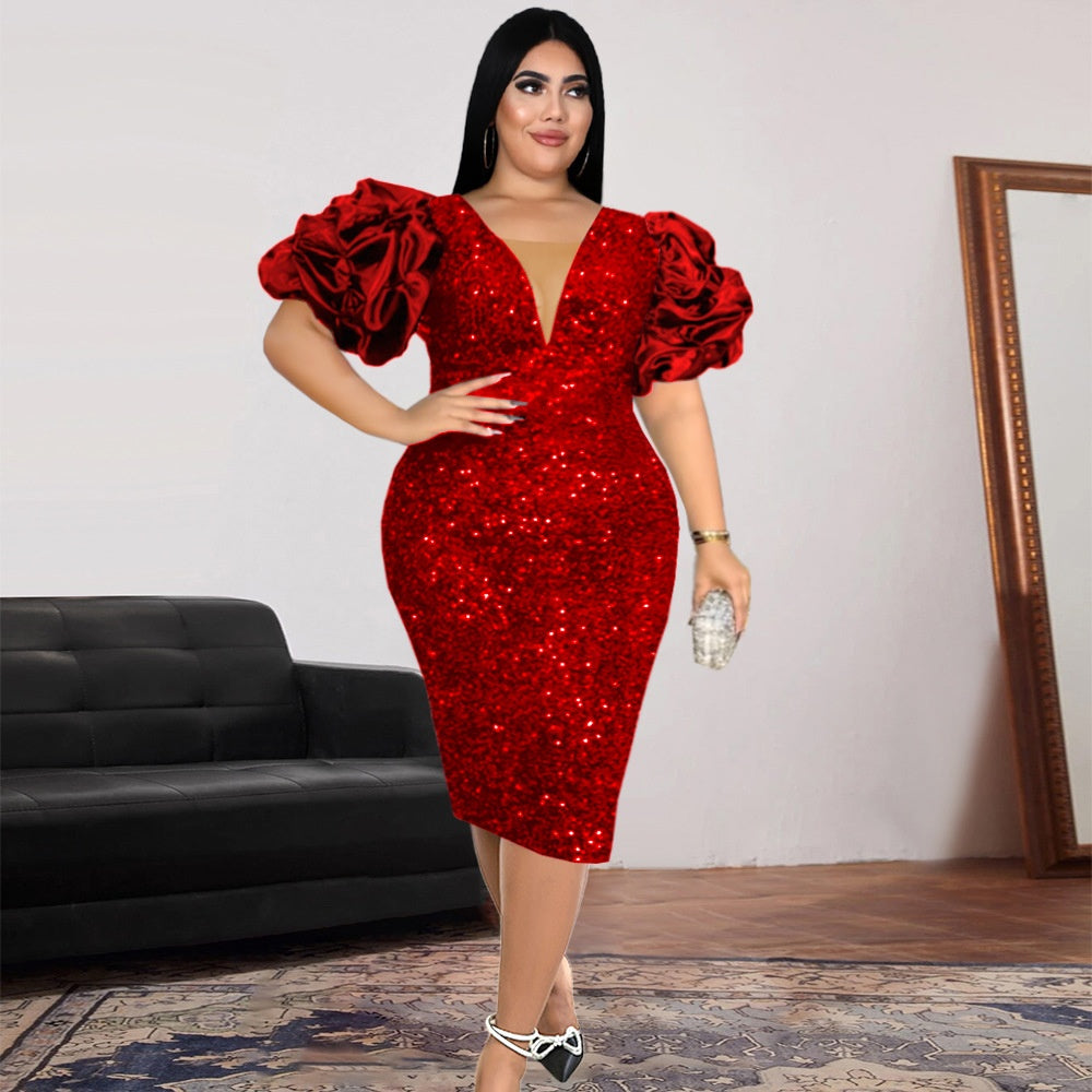Rosa A-Linien-Kleid mit Puffärmel | LuxeStyle