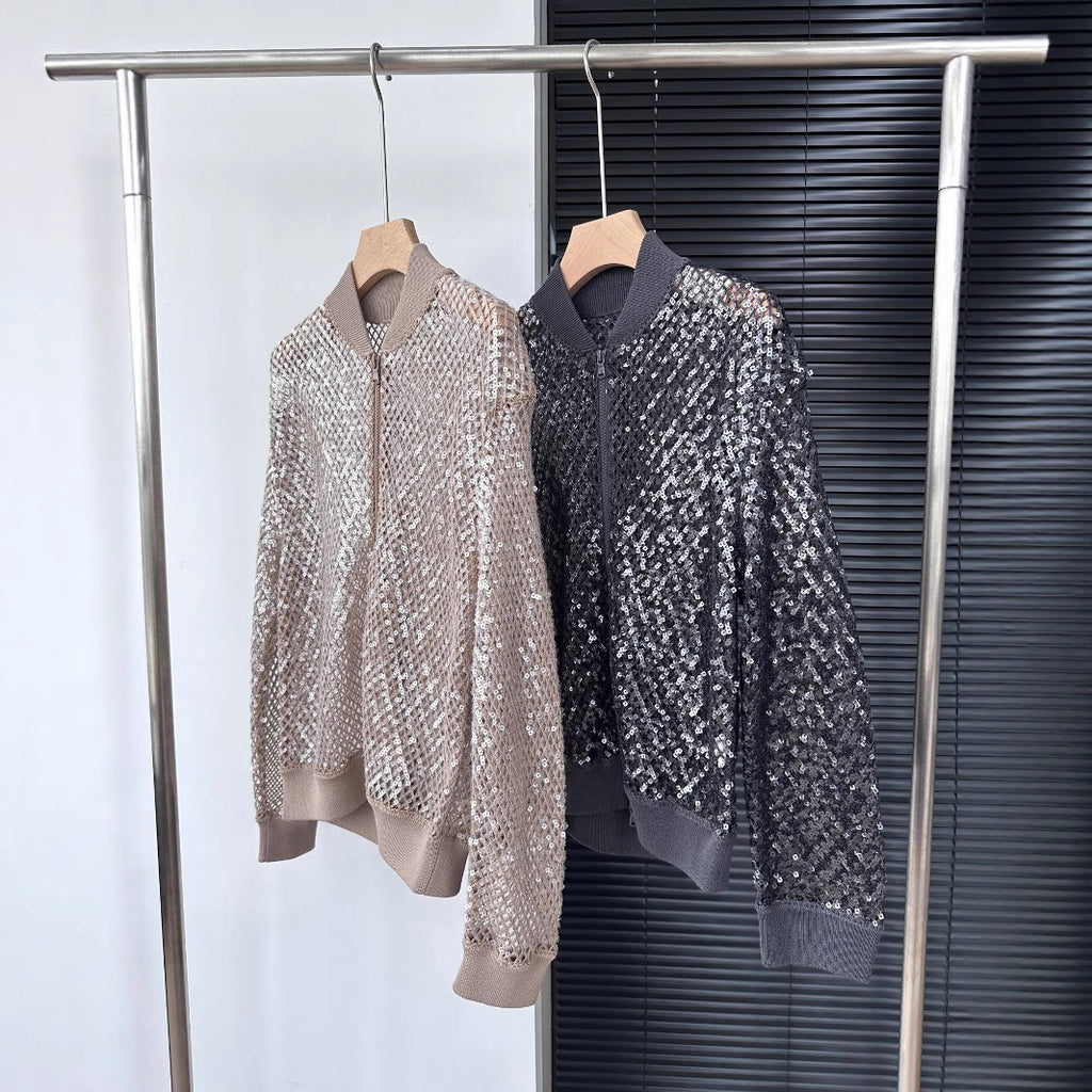 Leinen-Blazer mit Pailletten und Stehkragen