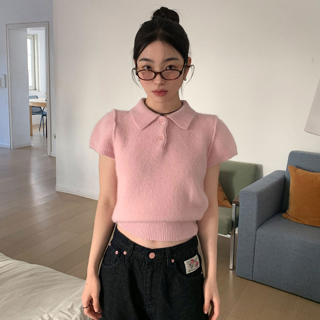 Kurzarm-Strickpullover mit Polokragen – Bild 5 | LuxeStyle