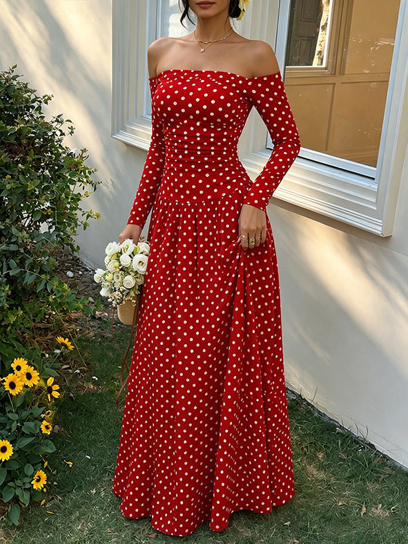 Off-Shoulder Polka-Dot Maxikleid