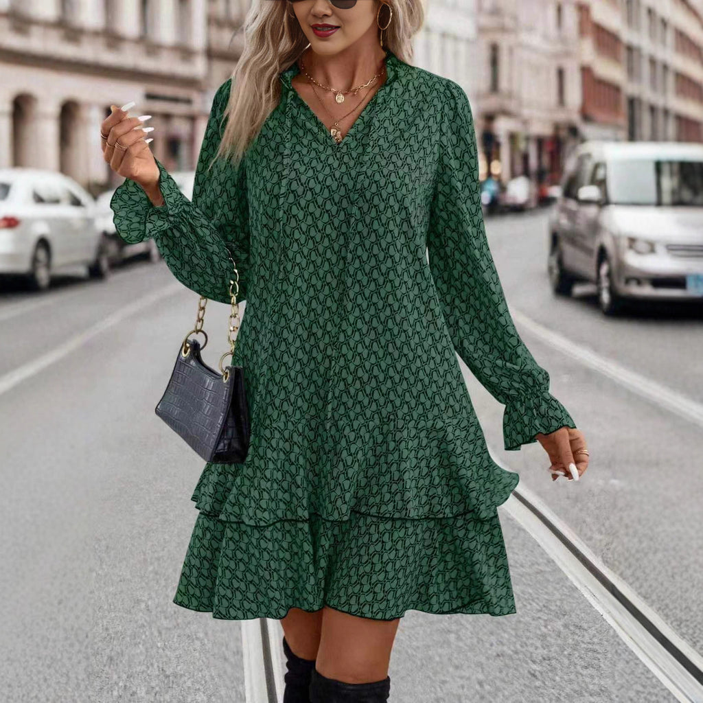 Grünes Printkleid mit ausgestellten Ärmeln und V-Ausschnitt – Bild 4 | LuxeStyle