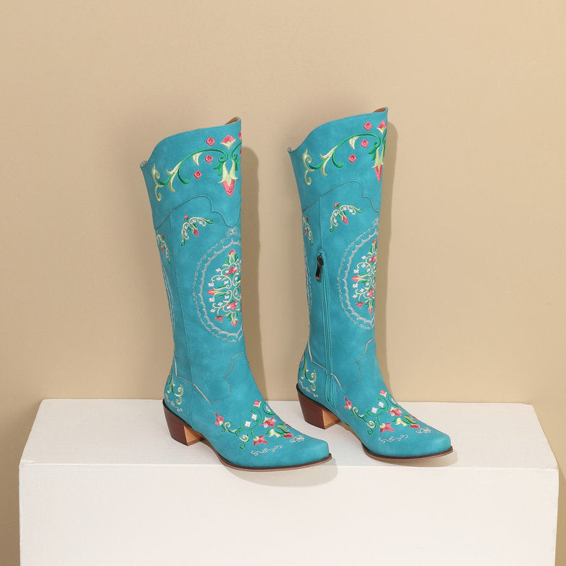 Chunky-Heel Retro Western Mid-Calf Boots