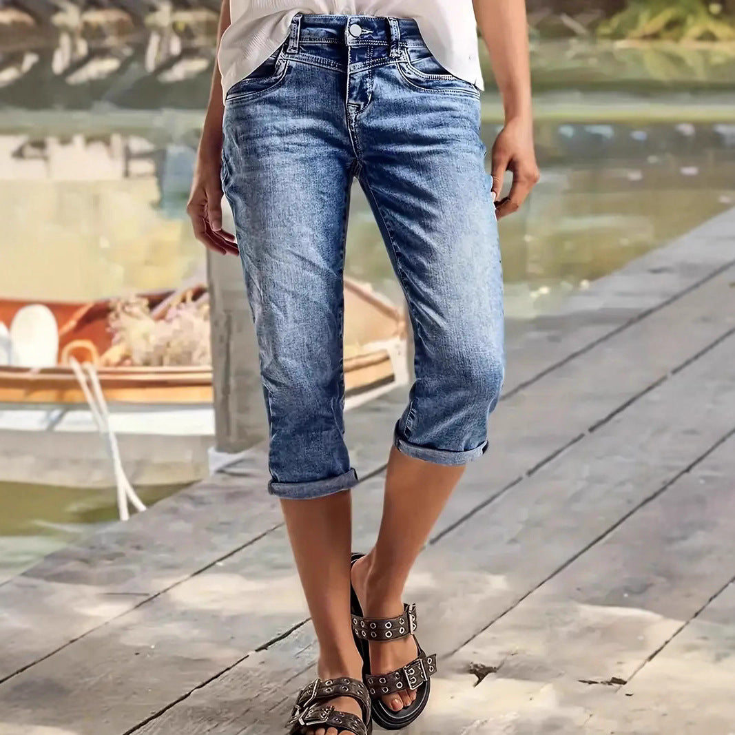 Navy-Blau Jeans Shorts mit Patchwork