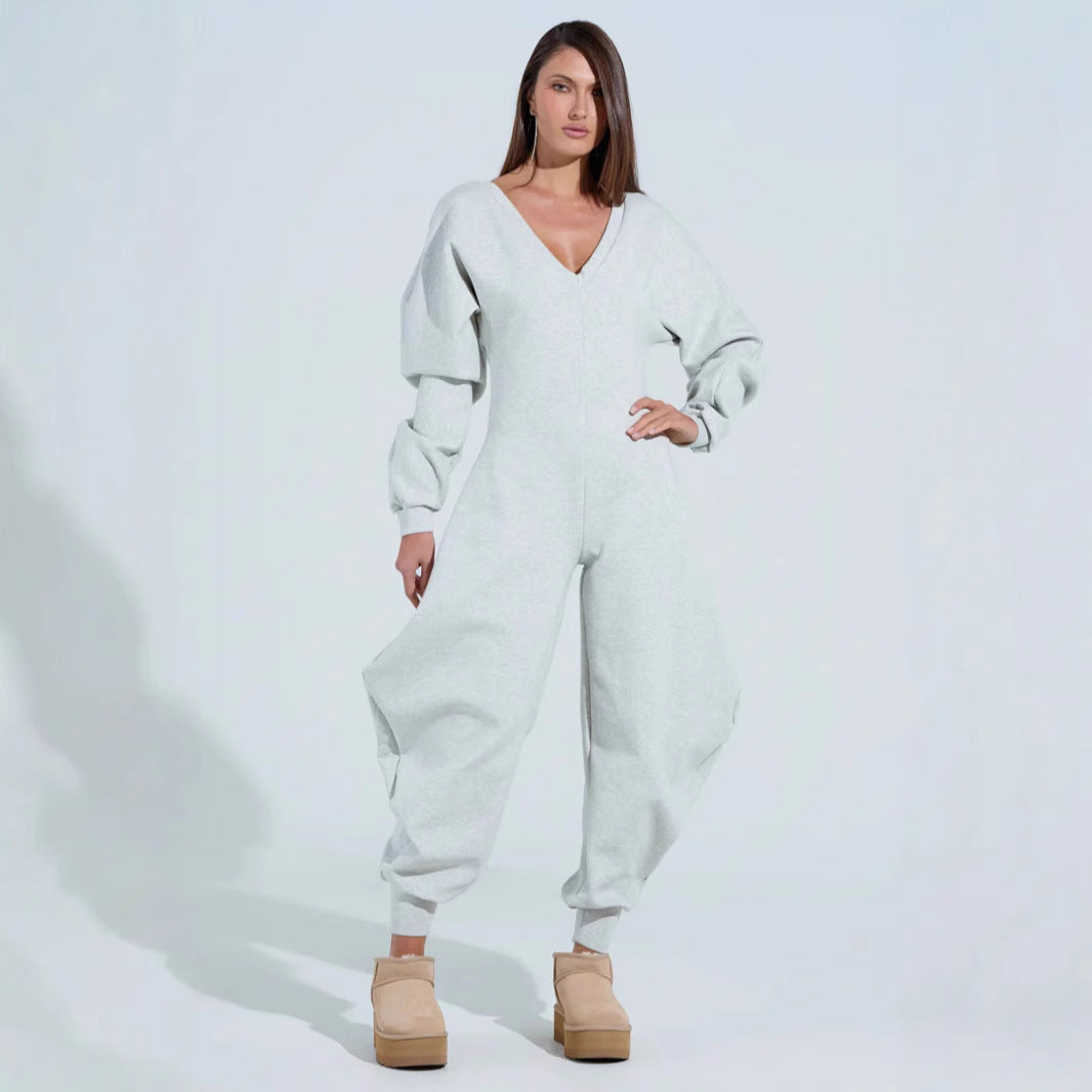 Bodycon Jumpsuit mit V-Ausschnitt und langen Ärmeln
