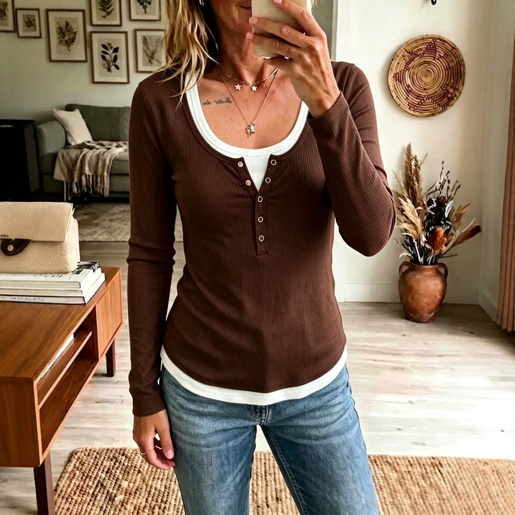 Damen Color-Block Langarm-Shirt mit Slim Fit – 2-Tonig
