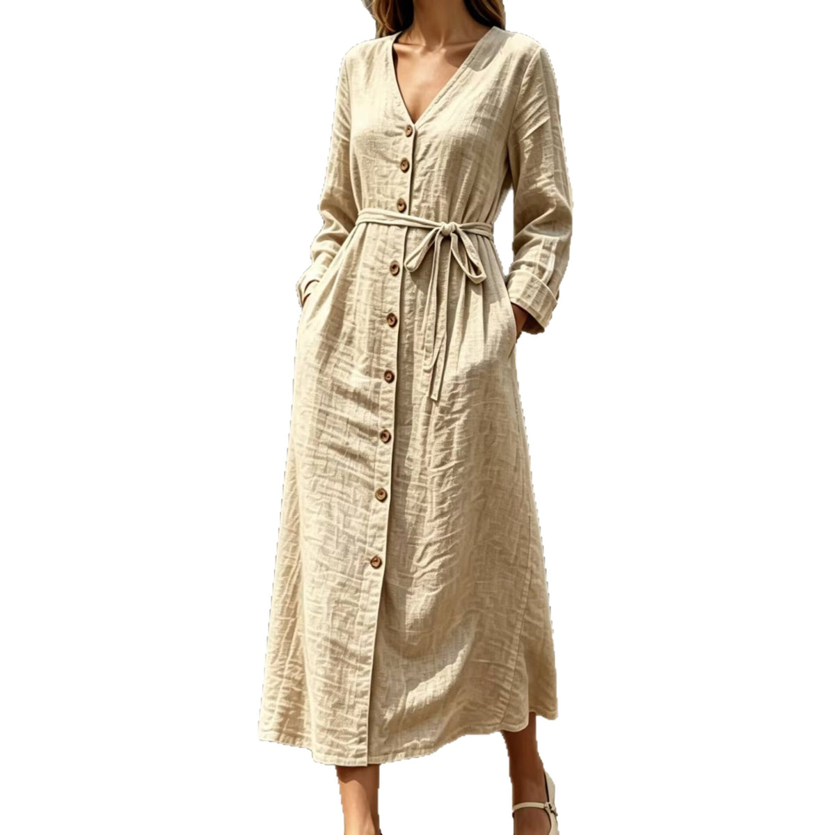 Baumwoll-Leinen V-Ausschnitt Kleid – Bild 8 | LuxeStyle