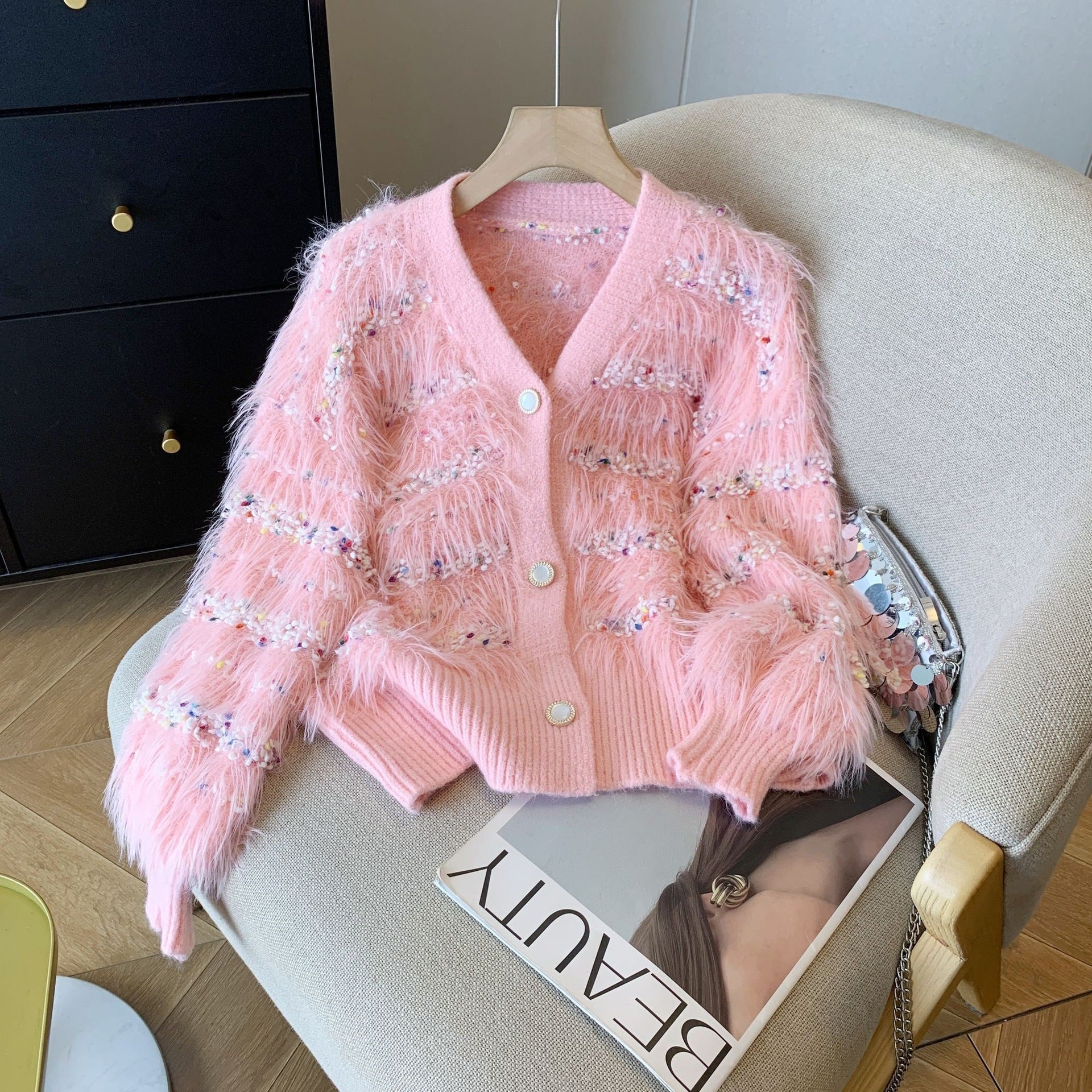 Mink-Samt Strickpullover-Mantel mit Quasten