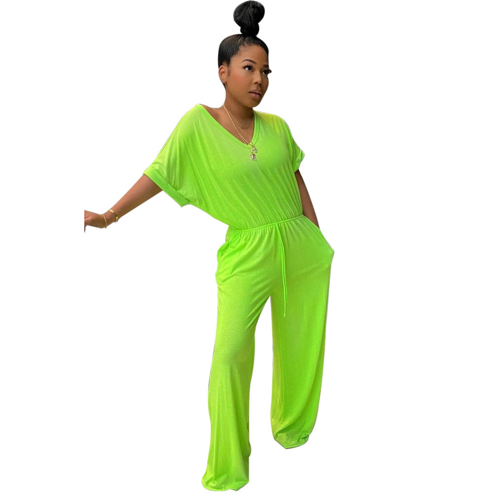 V-Ausschnitt Jumpsuit mit weitem Bein