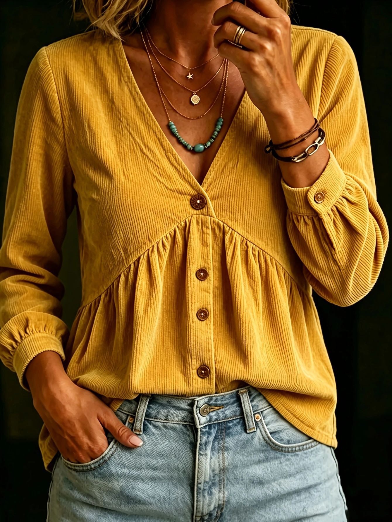 Corduroy V-neck Button-down Shirt