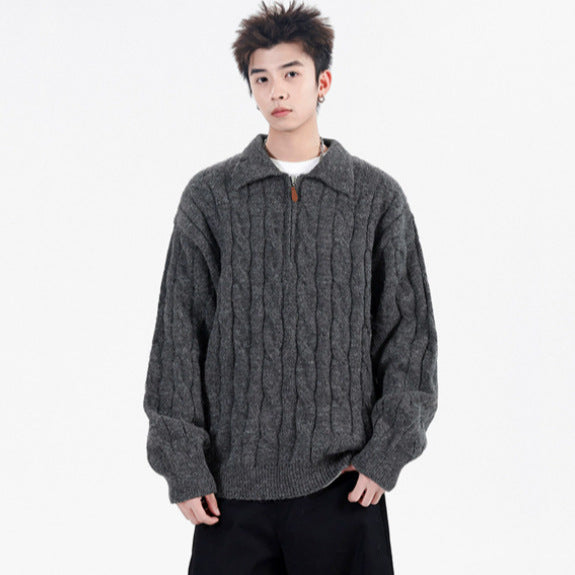Retro Half-Zip Pullover mit Fischgratmuster