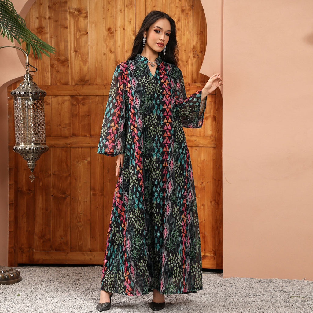 Besticktes Langarm-Freizeitkleid mit Print