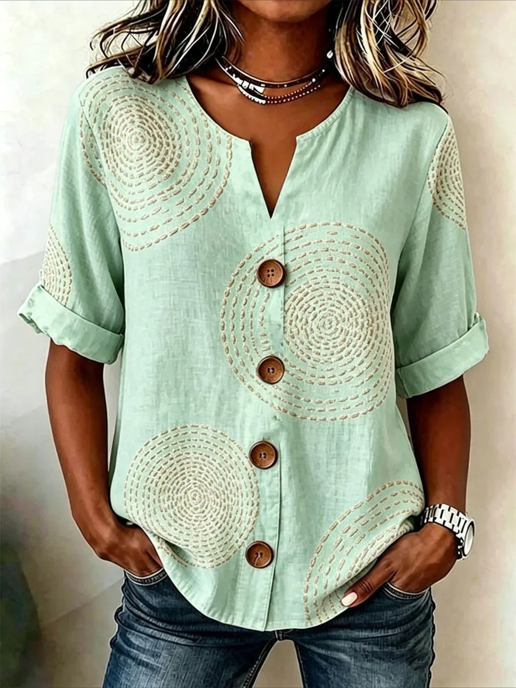 Damen-Bluse mit Laternenärmeln und 3D-Druck