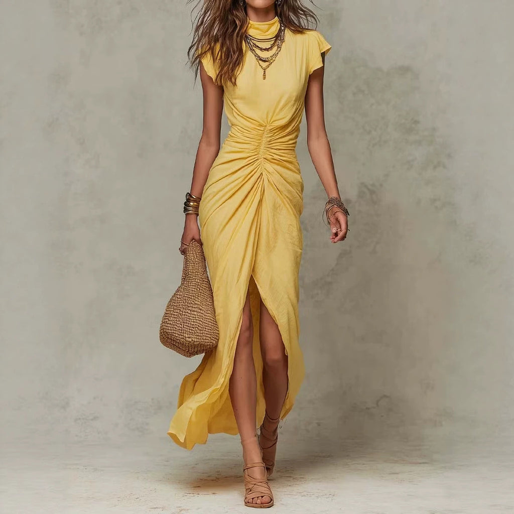 Plissiertes Maxi-Abendkleid mit Stehkragen – Bild 6 | LuxeStyle