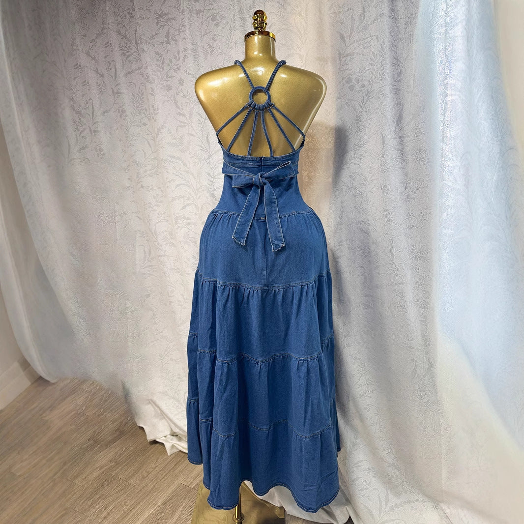 Trägerloses Jeanskleid mit V-Ausschnitt & Bindedetail – Bild 4 | LuxeStyle