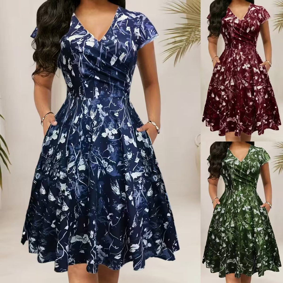 Geblümtes A-Linien Kleid mit V-Ausschnitt – Bild 10 | LuxeStyle