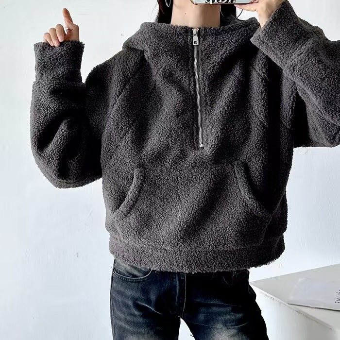 Relaxed Fit Halbzipfel-Hoodie aus Imitat Lammwolle