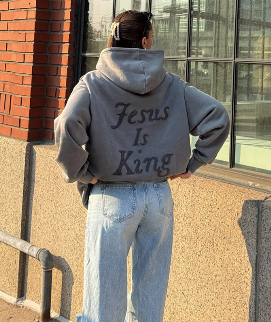 Grauer Distressed Hoodie mit überschnittenen Ärmeln – Ansicht 2