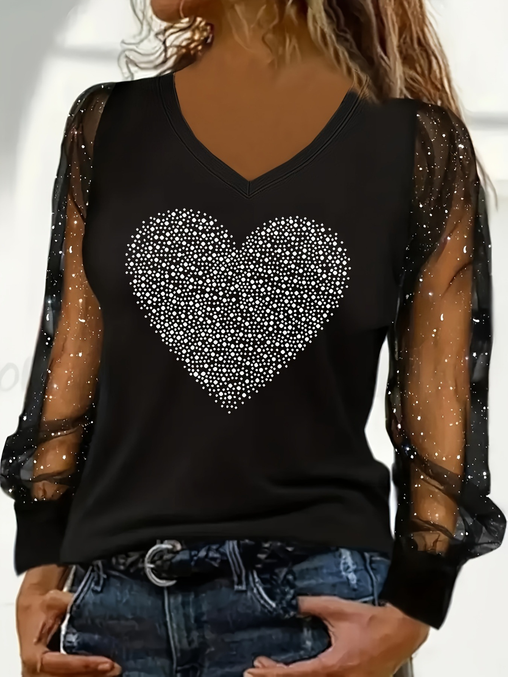 Herz-Strass Langarmshirt mit Mesh-Ärmeln – Bild 1 | LuxeStyle