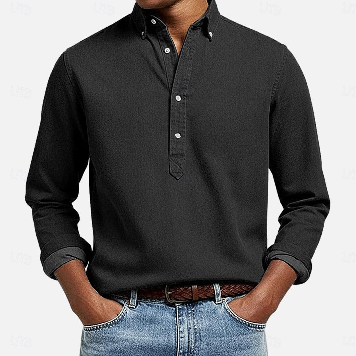 Poloshirt mit Jacquard-Knopf, einfarbig – Bild 12 | LuxeStyle