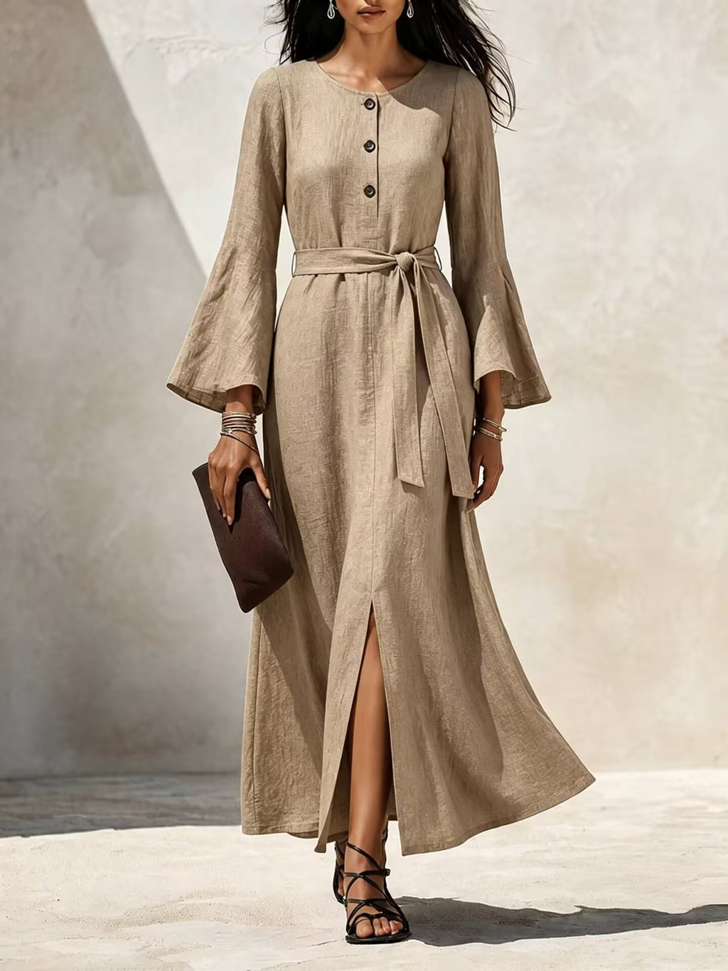 Damen Casual Leinenkleid mit ausgestellten Ärmeln