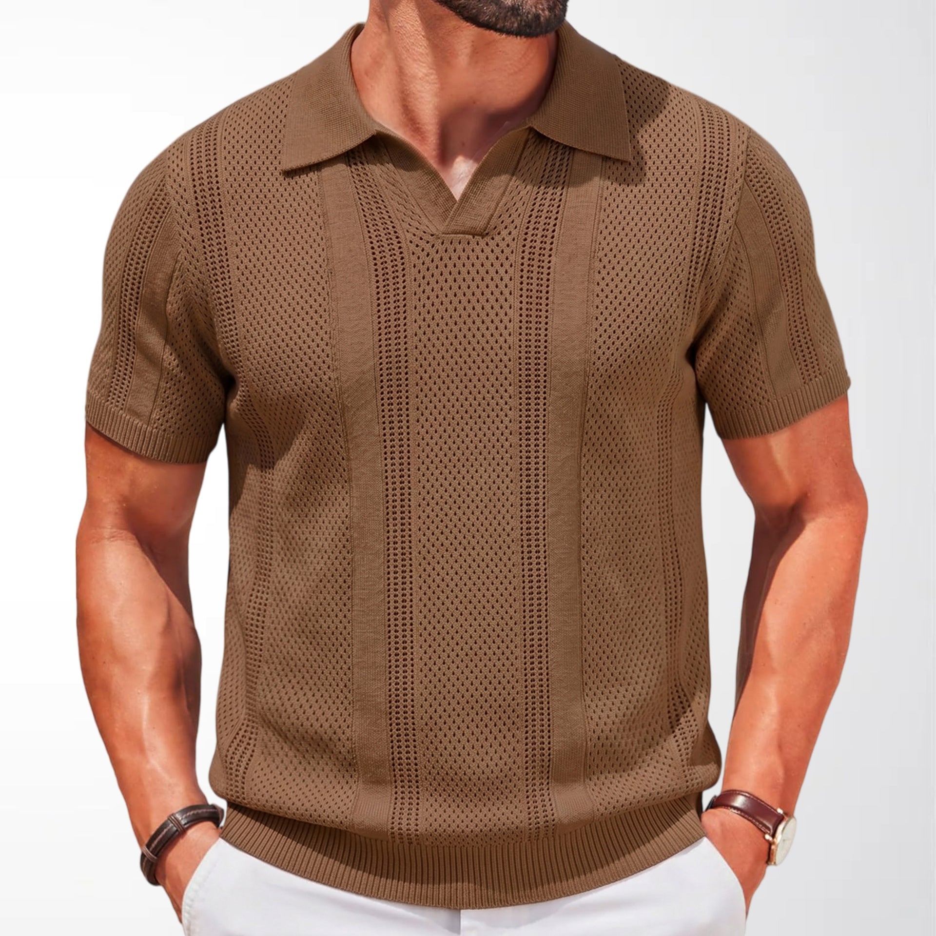 Herren Strick-Polohemd mit Lochmuster