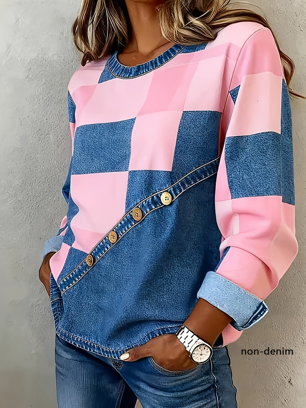 Damen Sweatshirt mit hellblauem Karomuster