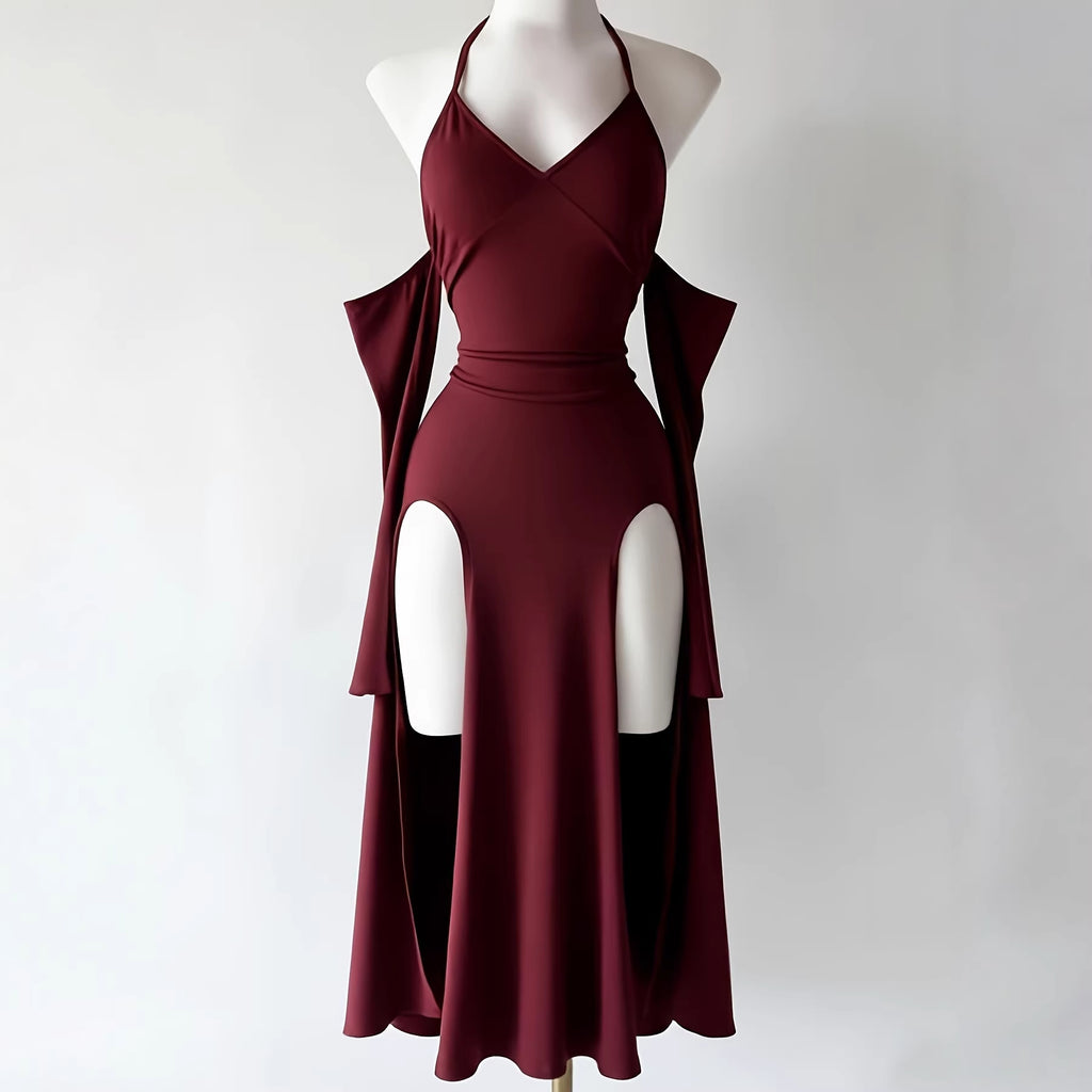 Halterneck Off-Shoulder Schlitz-Kleid – Bild 5 | LuxeStyle