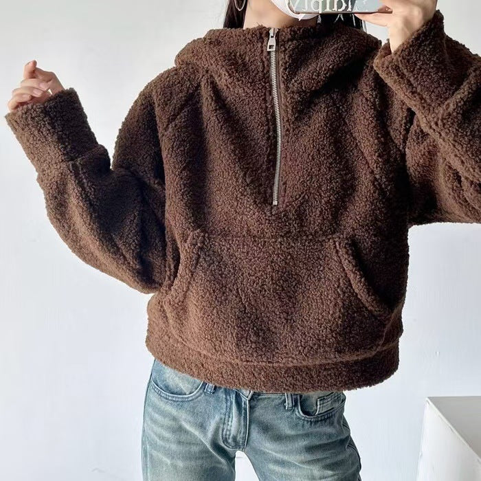 Relaxed Fit Halbzipfel-Hoodie aus Imitat Lammwolle