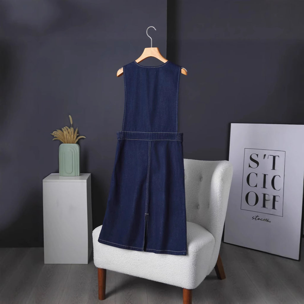 Denim-V-Neck Vestkleid im Jap/Kor-Stil