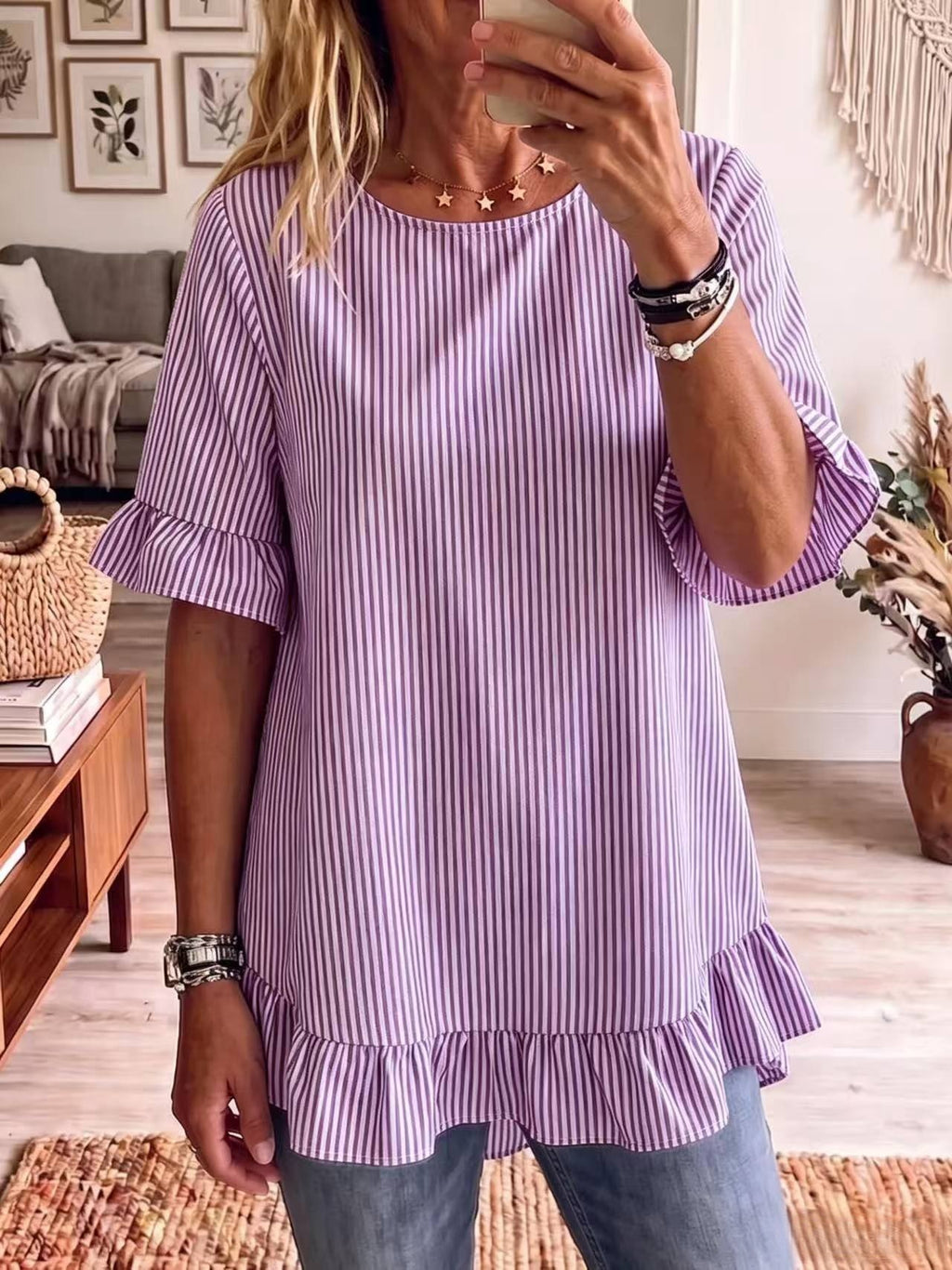 Gestreifte Bluse mit Rüschensaum – Bild 8 | LuxeStyle