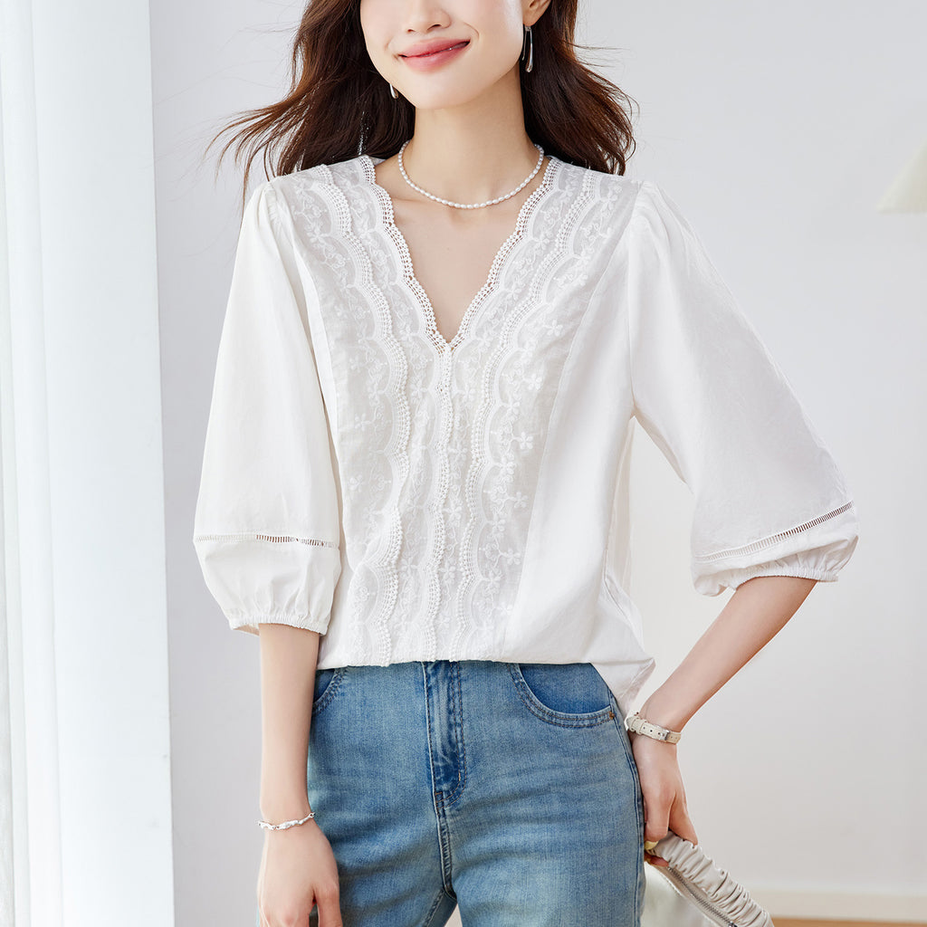 Elegante V-Neck Bluse mit Spitze und Lochstickerei