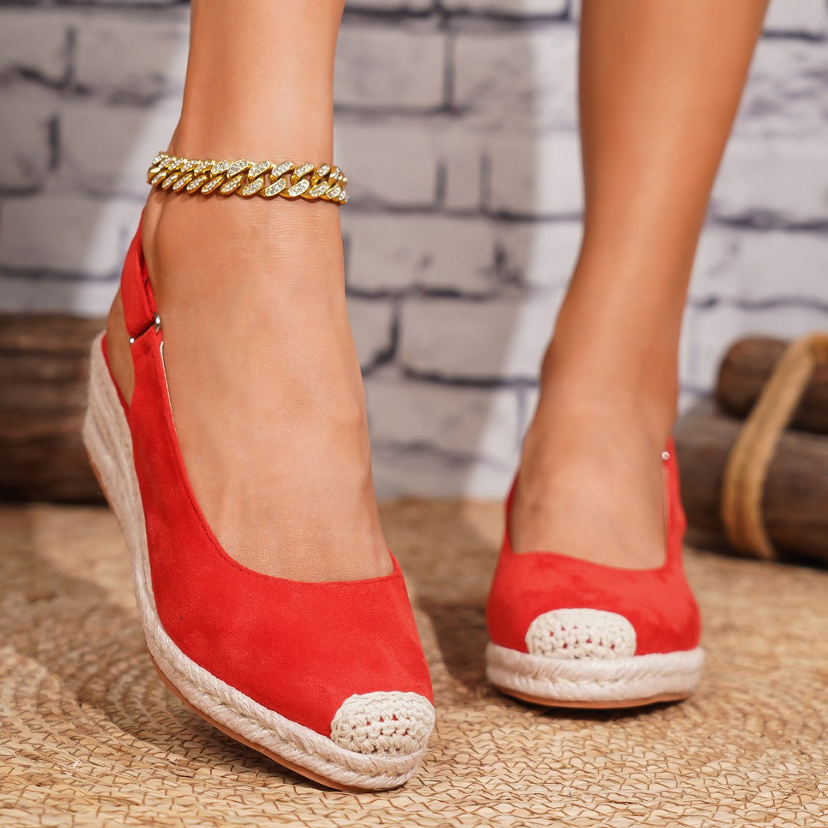 Retro Slingback Keilsandalen mit Strohgeflecht