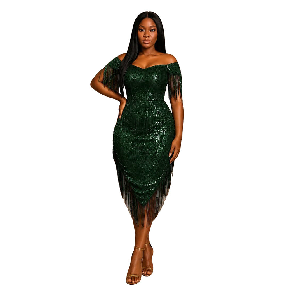 Off-Shoulder Tassel Kleid mit asymmetrischem Saum