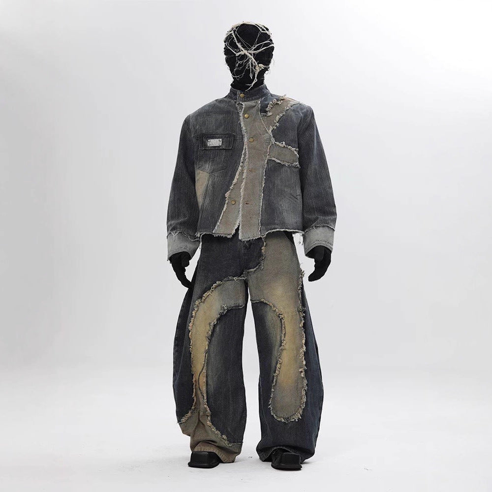 Vintage Patchwork Distressed Jeansjacke für Herren