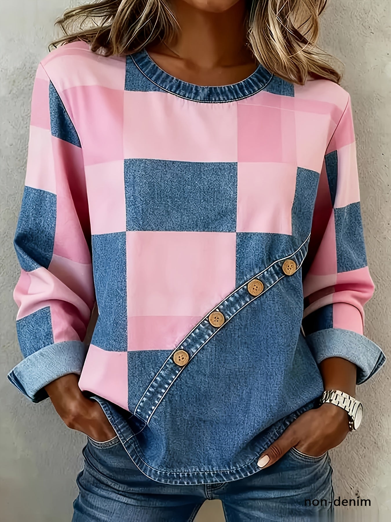 Damen Sweatshirt mit hellblauem Karomuster