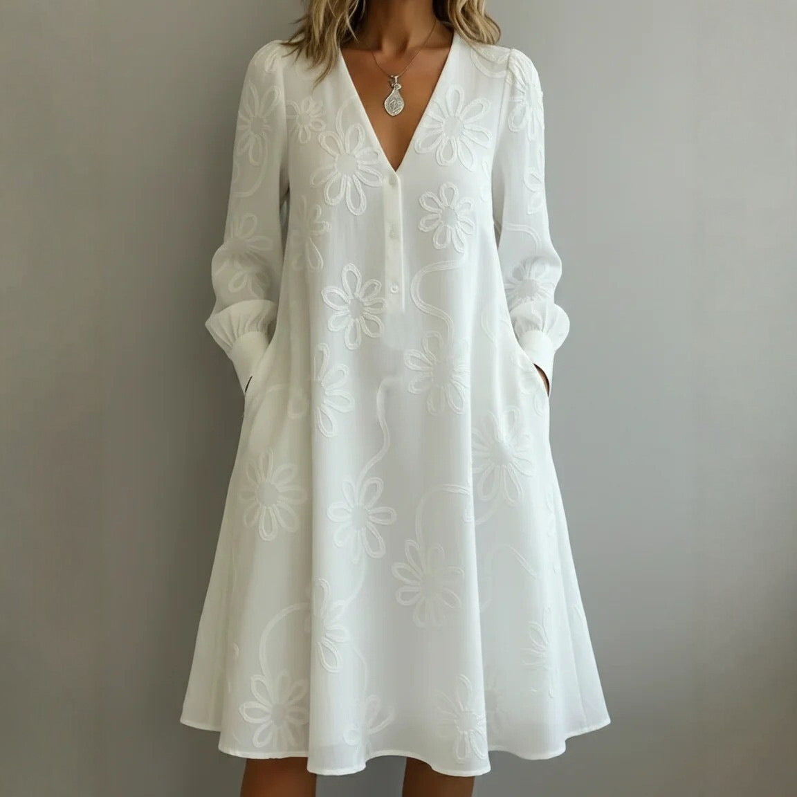 Elegantes Vintage Blumenstickerei V-Neck Kleid