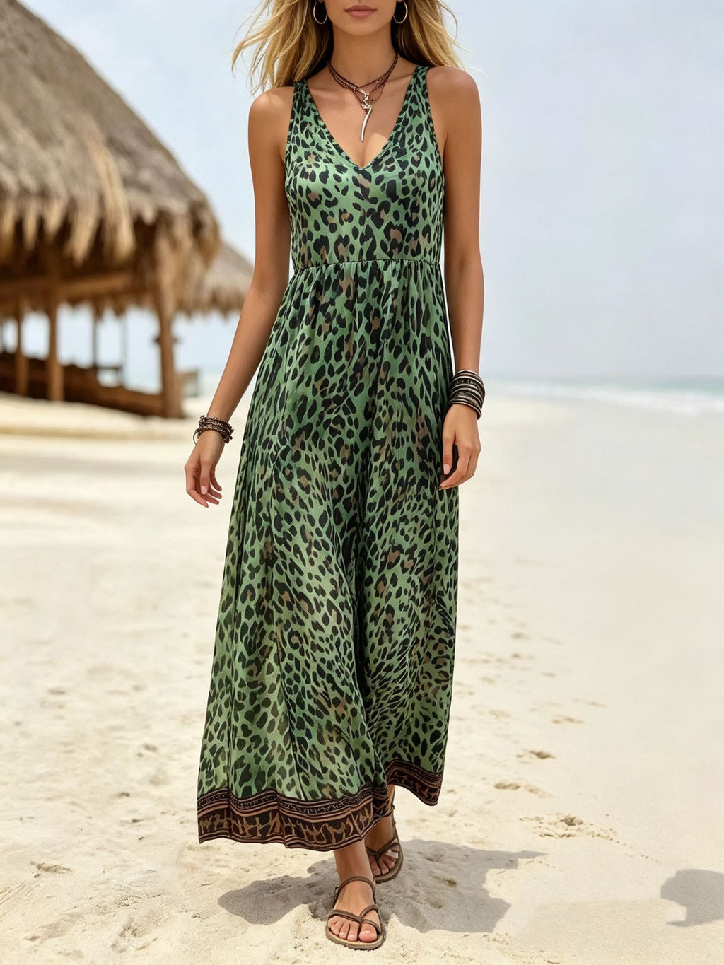 Ärmelloses V-Neck Kleid mit Leo-Print