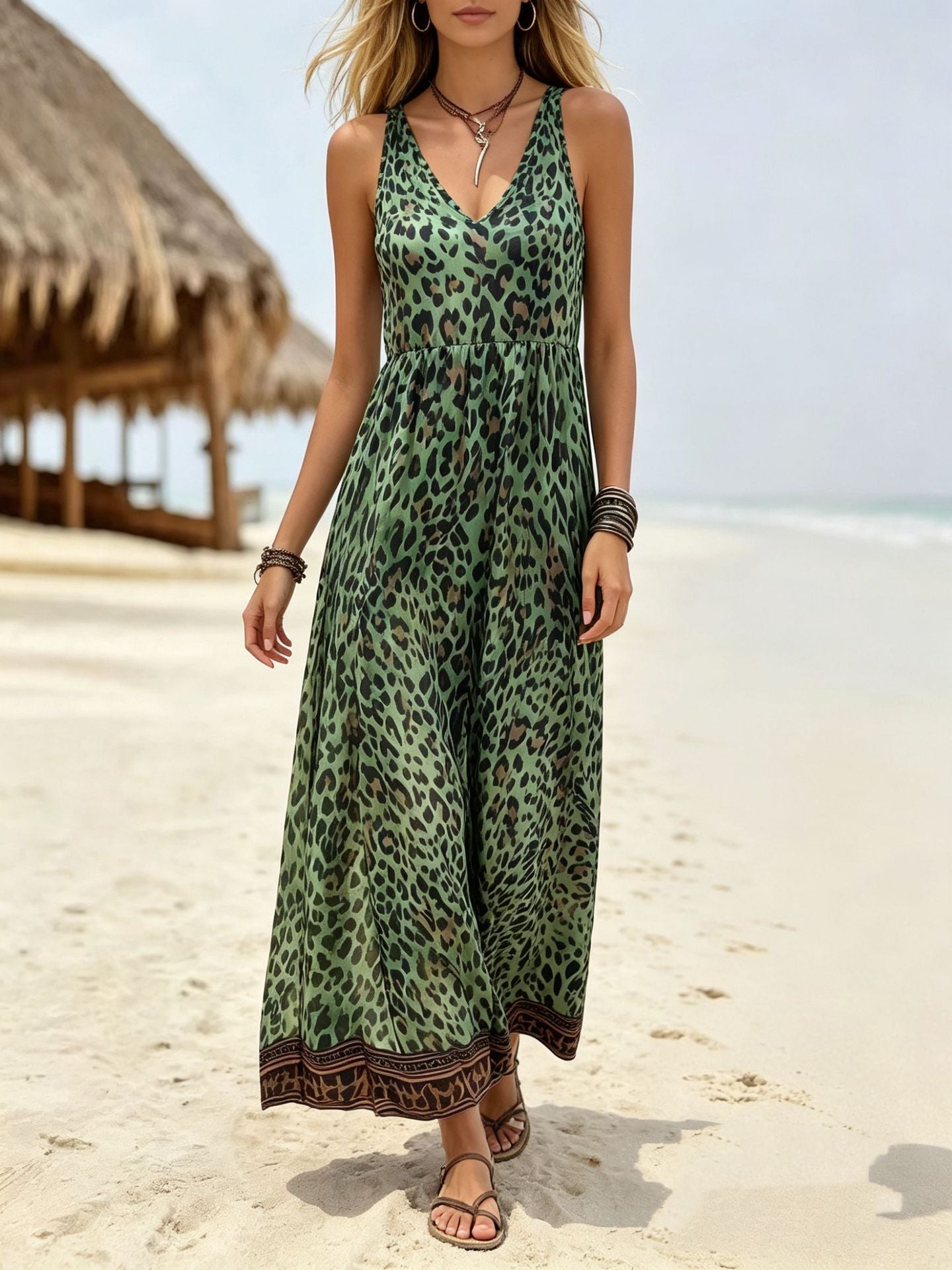 Ärmelloses V-Neck Kleid mit Leo-Print