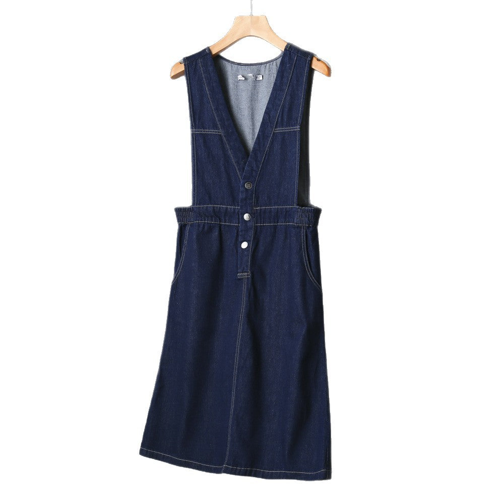 Denim-V-Neck Vestkleid im Jap/Kor-Stil