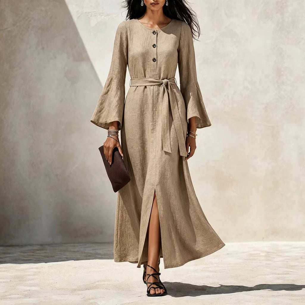 Damen Casual Leinenkleid mit ausgestellten Ärmeln