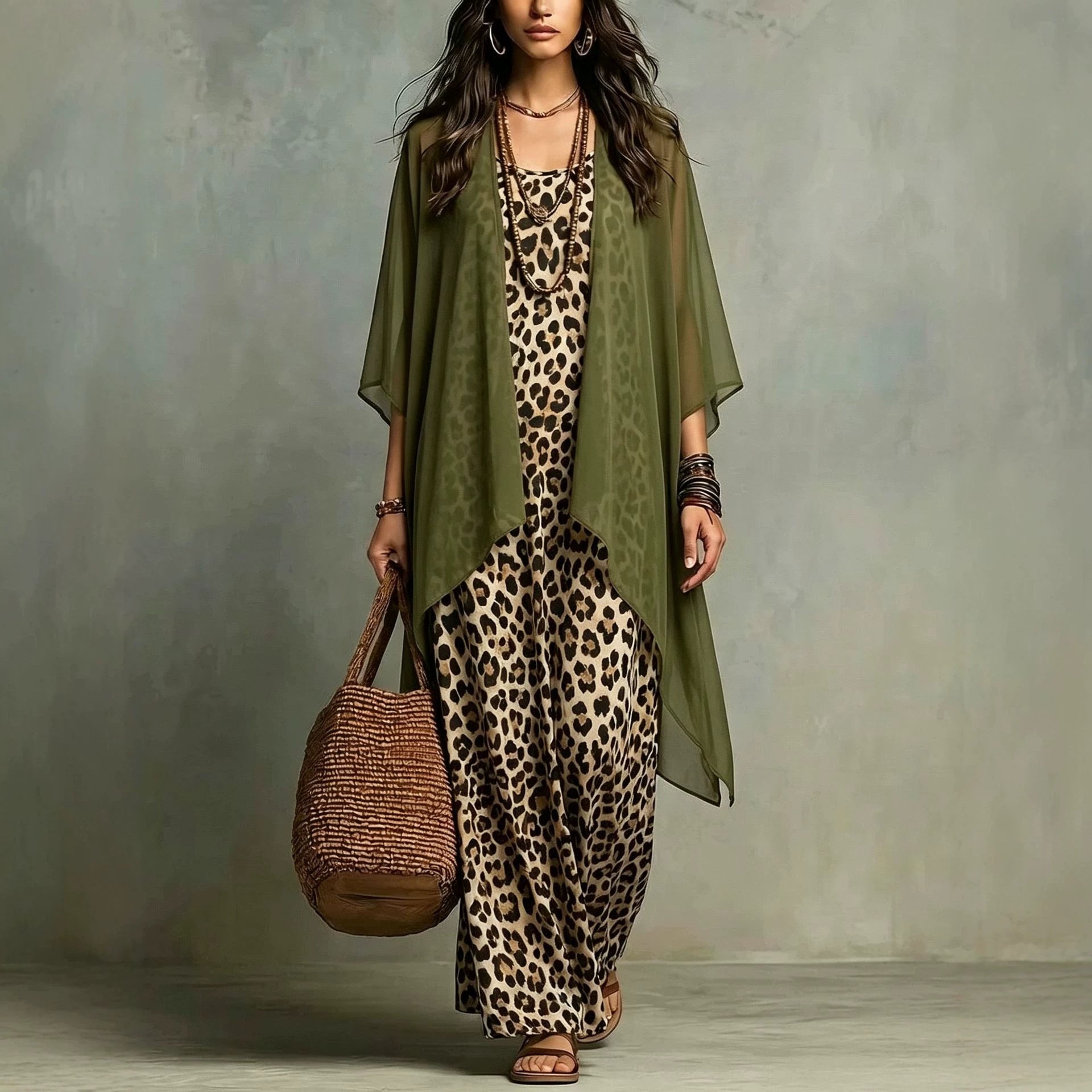 Leoparden-Print Trägerkleid Zweiteiler