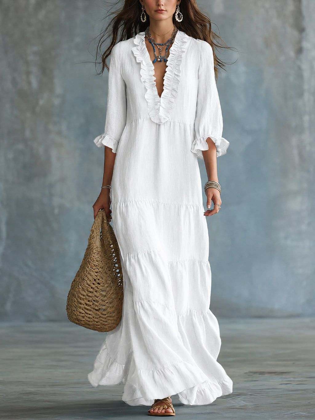 V-Ausschnitt Maxi-Kleid mit Rüschensaum – Bild 10 | LuxeStyle
