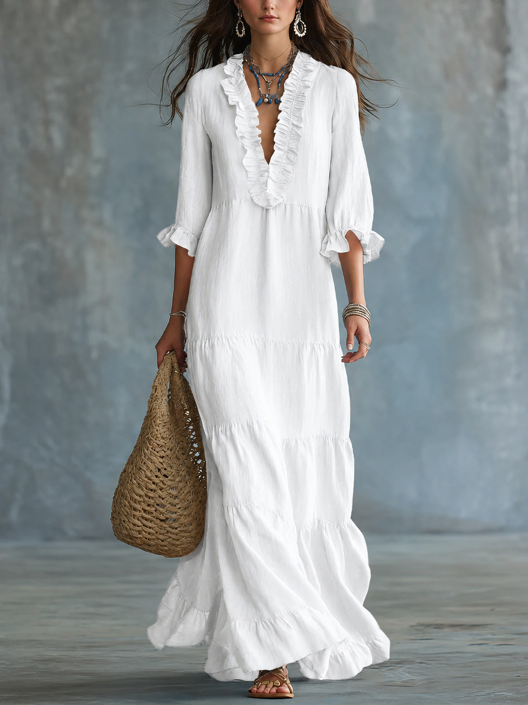 V-Ausschnitt Maxi-Kleid mit Rüschensaum – Bild 10 | LuxeStyle