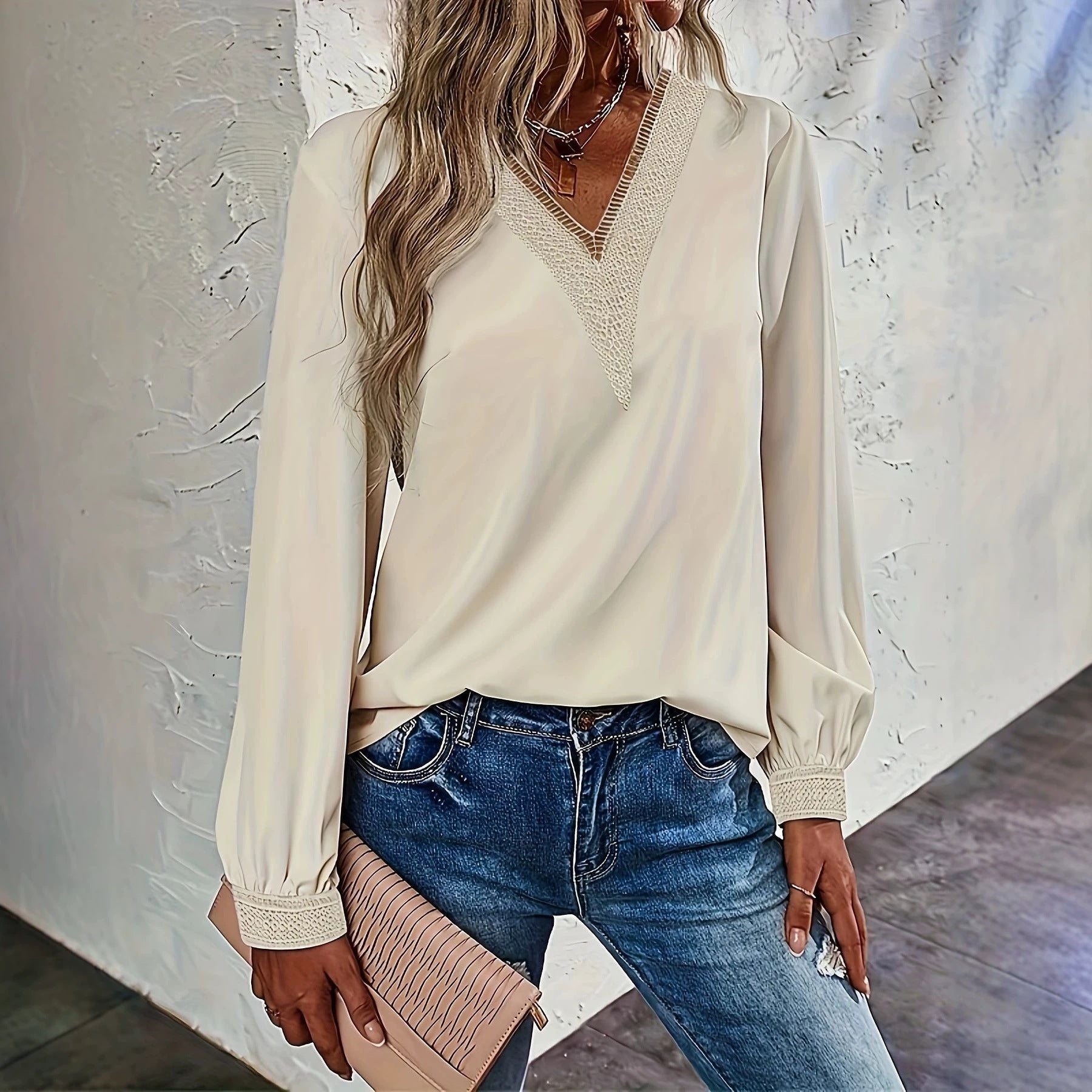 Damen Bluse mit V-Ausschnitt & Puffärmeln