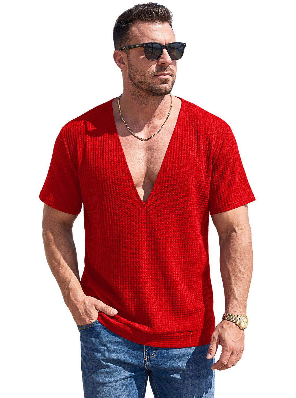 Einfarbiges Wellen-Web T-Shirt mit Tief-V-Ausschnitt Kurzarm