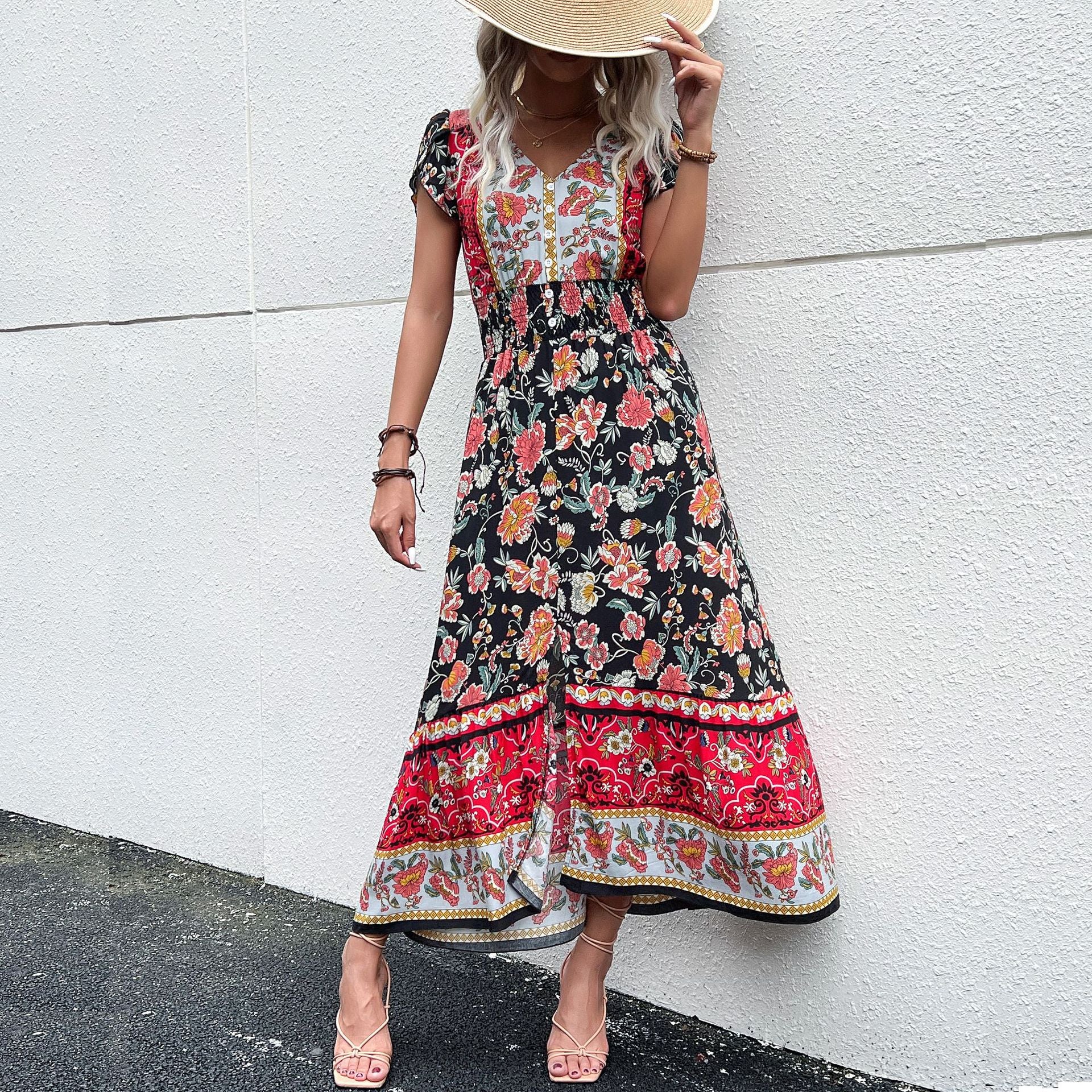 Midi-Kleid mit Blumenmuster und Schlitz