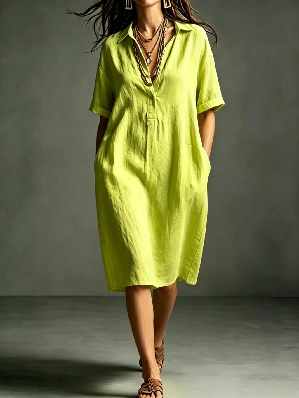 Ärmelloses V-Neck Kleid mit Taschen