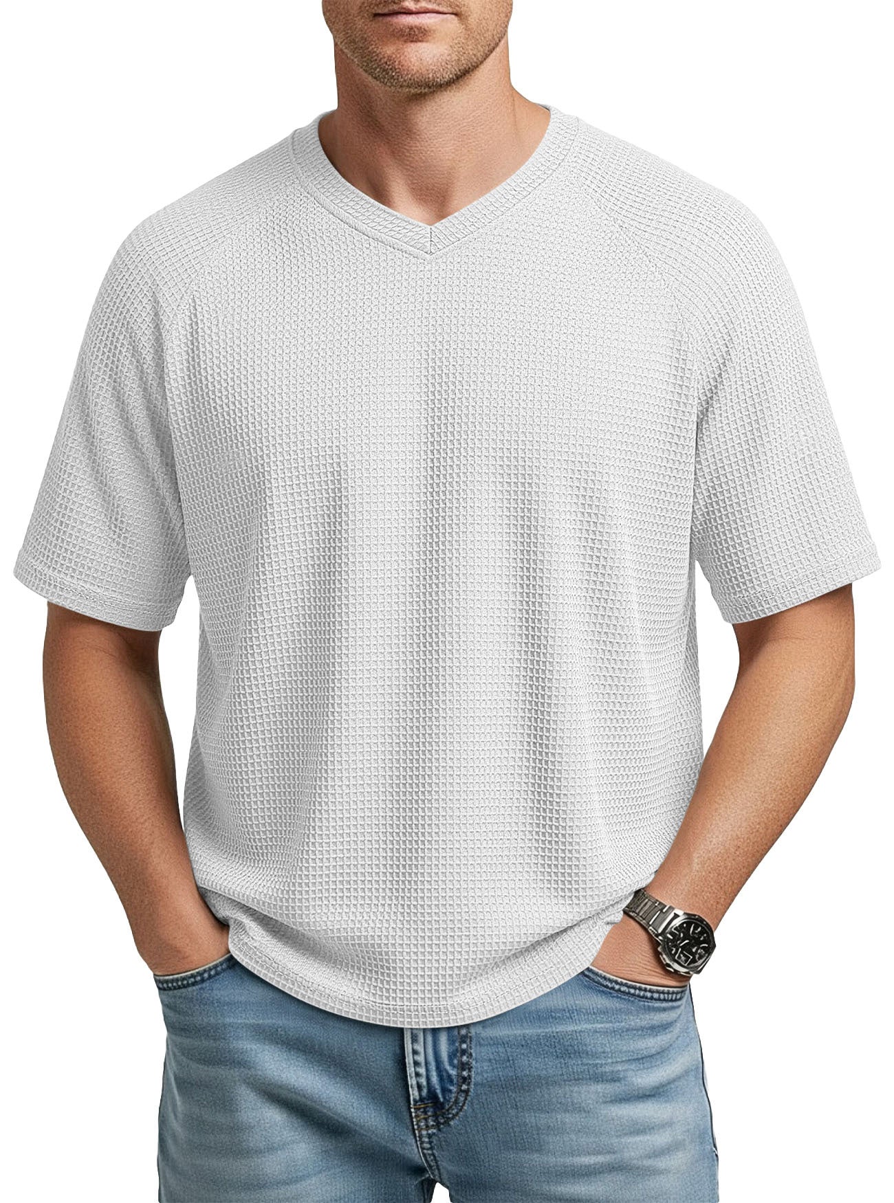 Herren V-Ausschnitt Raglan Waffelstrick T-Shirt