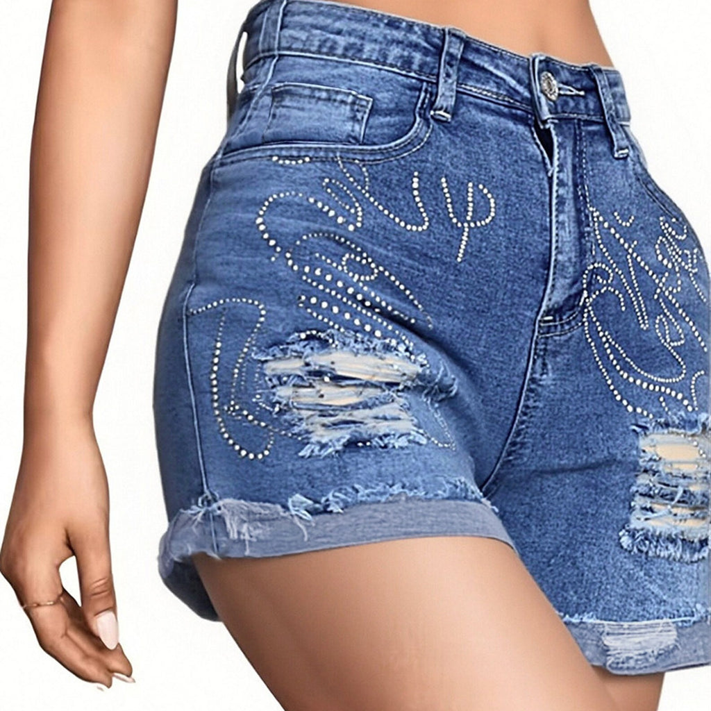 Jeans-Shorts «Cristal» · Strass-Besatz, Mid-Rise Stretch