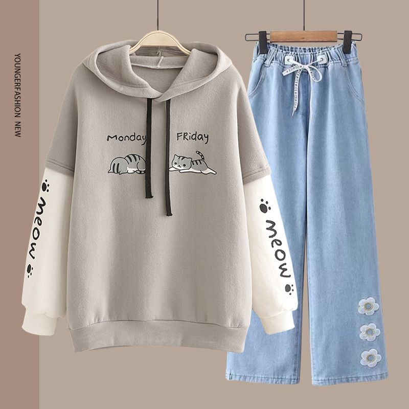 Hoodie-Set mit geradem Bein im Preppy-Stil